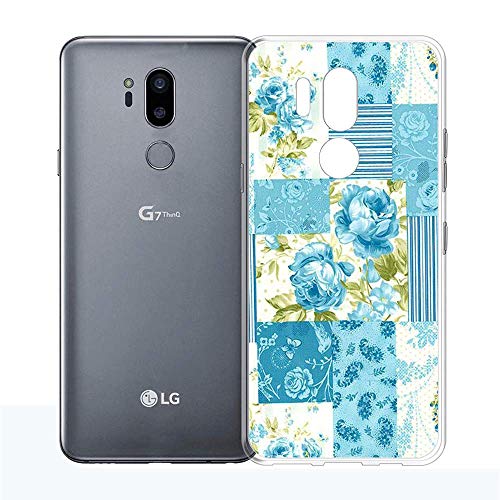 LG G7 ThinQ Case, Soft TPU Slim-Fit Flexible Ultra-Thin Clear Case, Full-Body Rugged Bumper Print Blue Flower Case for LG G7 ThinQ, Transparent