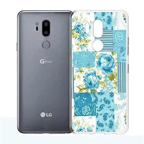 LG G7 ThinQ Case, Soft TPU Slim-Fit Flexible Ultra-Thin Clear Case, Full-Body Rugged Bumper Print Blue Flower Case for LG G7 ThinQ, Transparent