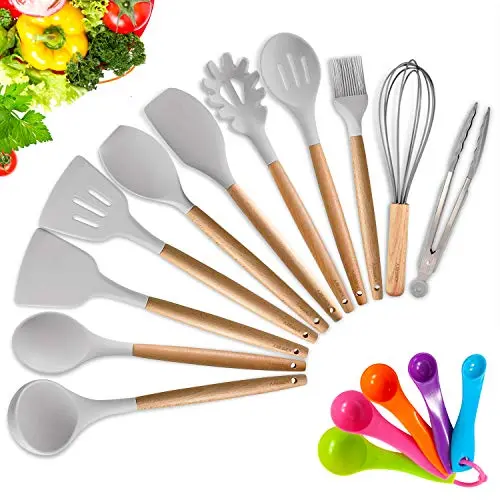 KINFAYV Silicone Cooking Utensil Kitchen Utensil Set,16 PCS Acacia Wooden Cooking Tool Spoons Spatula Turner Tongs Measuring Spoon Nonstick Nontoxic BPA Free Heat Resistant Kitchen Tools (Light Grey)