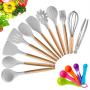 KINFAYV Silicone Cooking Utensil Kitchen Utensil Set,16 PCS Acacia Wooden Cooking Tool Spoons Spatula Turner Tongs Measuring Spoon Nonstick Nontoxic BPA Free Heat Resistant Kitchen Tools (Light Grey)