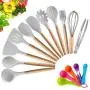 KINFAYV Silicone Cooking Utensil Kitchen Utensil Set,16 PCS Acacia Wooden Cooking Tool Spoons Spatula Turner Tongs Measuring Spoon Nonstick Nontoxic BPA Free Heat Resistant Kitchen Tools (Light Grey)