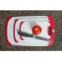 CC Boards 3-Piece Nonslip Cutting Board Set: Red and white plastic kitchen carving boards, each with juice groove and nonskid handle; dishwasher safe
