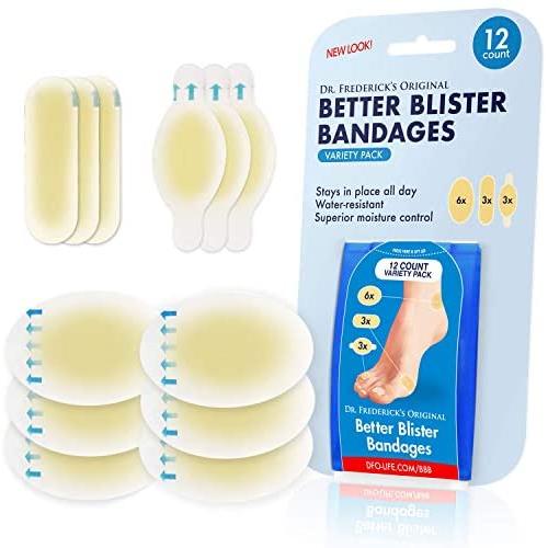 Dr. Fredericks Original Better Blister Bandages - 12 ct Variety - Waterproof Hydrocolloid Bandages for Foot, Toe, & Heel Blister Prevention & Recovery - Blister Pads