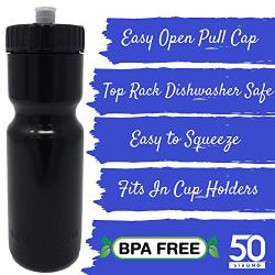 50 Strong Sports Squeeze Water Bottle Bulk Pack - 24 Bottles - 22 oz. BPA Free Easy Open Push/Pull Cap - Made in USA - Great for Adults & Kids - Top Rack Dishwasher Safe - Fits in Bike Cage