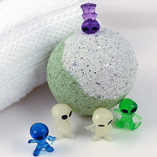 Kids GIANT 10 OZ Green & Glitter Planet Grey Bath Bomb with Solid Silicone Alien Toy Inside - Bubble Gum Scent Ball Size 3" Diameter Ages 4+
