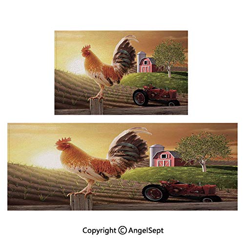 Compatible Floor Mats 2piece Suit,Farm Barn Yard Image Kitchenware and Home Decor Rooster Early Bird Natural Sunrise 16&quotx24&quotby18 x46 Light Brown Red,with Slip Skid Resistant Backing