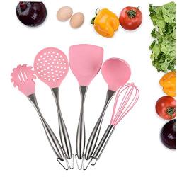 Kitchen Spatula Set Stainless Steel Silicone Kitchenware(5 Packs),Pink