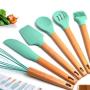 LoveAloe Wood Handle Silicone Gel Kitchen 6 Piece Kitchen Tools Spoon Non-Stick Silicone Kitchenware Set