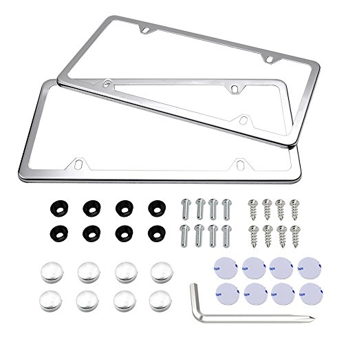 License Plate Frames, Indeebuy 2 Pcs 4 Holes Slim Stainless Steel Polish Mirror License Plate Frame and Chrome Screw Caps