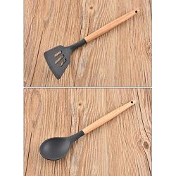 JunbosiKitchenware Wooden Handle Silicone Kitchenware Set of 8 Non-Stick Pan Silicone Shovel Spatula Kitchen Tool Silicone Cooking
