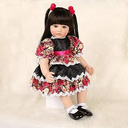 Realistic Reborn Baby Doll Silicone Vinyl Toddler Girl Back Long Hair Red and Black Princess Dress 24 Inches