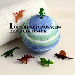 Kids Giant 10 OZ Bath Bomb with One Educational 1" Replica Silicone Dinosaur Toy Inside - Green Apple Scent in New Large Party Size 3" Diameter Ages 4+