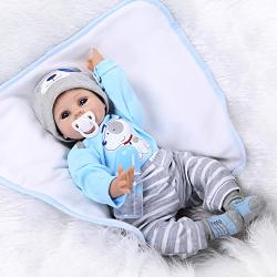 NPKDOLLS Reborn Baby Doll Soft Silicone Vinyl Baby Boy 22inch 55cm Magnetic Mouth Cute boy Wearing Toy Blue Dog Cute Doll Gift Set for Ages 3+