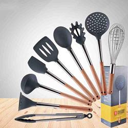 Hjyi Silicone Kitchen tool wooden Handle silicone kitchenware 9 piece set cooking spoon shovel kitchenware set