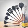 Hjyi Silicone Kitchen tool wooden Handle silicone kitchenware 9 piece set cooking spoon shovel kitchenware set