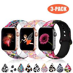 Haveda Floral Bands Compatible with Apple Watch Band 38mm 40mm, Soft Pattern Printed Silicone Sport Replacement Wristbands for Women Men Kids with iWatch Series 4 Series 3/2/1, S/M, 3 Pack