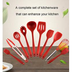 Kitchenware Set, Silicone Kitchen Utensil Set, Heat-Resistant Wooden Handle Non-Stick Kitchen Silicone Kitchenware Set of 10, red