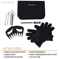 TeiKis BBQ Set [1x BBQ Gloves, 1x Bear Paws Meat Handler, 1x Seasoning Injector Grilling, 1x Case] Heat Resistant Barbeque Grill and Smoker Kit Accessories