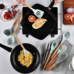 QuTess Light Green Color Silicone Kitchenware Set with Wooden Handle 11Pcs/Set