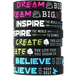 (12-Pack)&quotDream, Believe, Inspire, Create" Silicone Wristbands - Wholesale Bulk Pack of Inspirational Message Bracelets