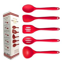 Jdeepued Silicone kitchenware 5-Piece Silicone Kitchen Utensil Set High Heat Resistant to 446°F Hygienic One Piece Design Cookware Red Silicone Kitchen Utensils (Color : Red, Size : 5 Piece Set)