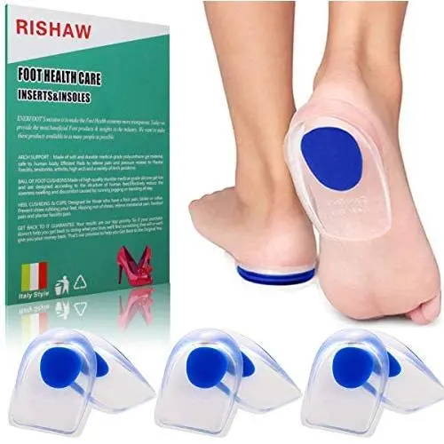 3 Pair Gel Heel Cups Plantar Fasciitis Inserts - Silicone Gel Heel Pads for Heel Pain, Bone Spur & Achilles Pain, Gel Heel Cushions and Cups, Pad & Shock Absorbing Support（Blue Small)