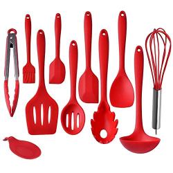 IMLUCKY Kitchen Utensils, Silicone Heat-Resistant Non-Stick Kitchen Utensil Set Cooking Tools 10+1 Piece,Turner, Whisk, Spoon,Brush,spatula, Ladle Slotted turner, Tongs, Pasta Fork and Spoon Rest