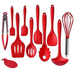 IMLUCKY Kitchen Utensils, Silicone Heat-Resistant Non-Stick Kitchen Utensil Set Cooking Tools 10+1 Piece,Turner, Whisk, Spoon,Brush,spatula, Ladle Slotted turner, Tongs, Pasta Fork and Spoon Rest