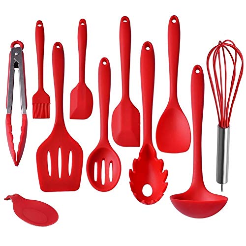 IMLUCKY Kitchen Utensils, Silicone Heat-Resistant Non-Stick Kitchen Utensil Set Cooking Tools 10+1 Piece,Turner, Whisk, Spoon,Brush,spatula, Ladle Slotted turner, Tongs, Pasta Fork and Spoon Rest