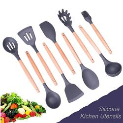 KAIDELIN Eco Friendly 9 Pieces Silicone Kitchen Utensils Set with Natural Wooden Handle Heat Resistant Non-Stick Pan Kitchenware Nonstick Spoon Scoop Soup Spoon Spatula (5)