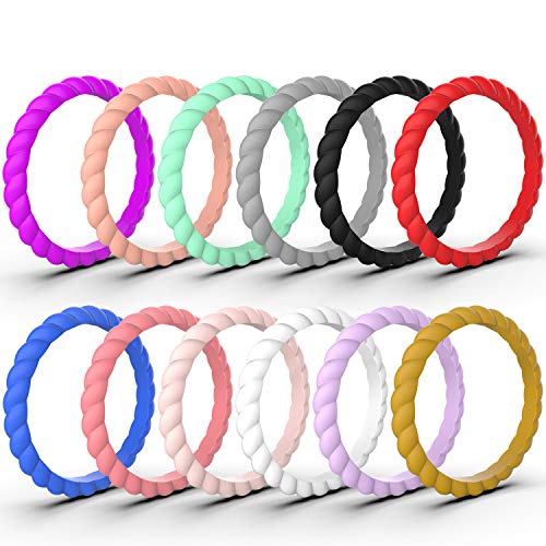 Zollen 12 Packs Silicone Wedding Rings for Women, Thin Braided Rubber Wedding Bands Stackable Ring, Hypoallergenic Silicone