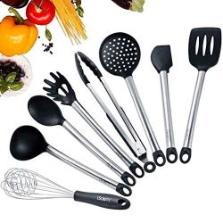 ARB Market 8×Kitchen Set Nonstick Utensils Set Best Cooking Tools Stainless Steel Silicone Safe For Pots & Pans, Serving Tongs, Spoon, Spatula Tools, Pasta Server, Ladle, Strainer, Whisk (Black)