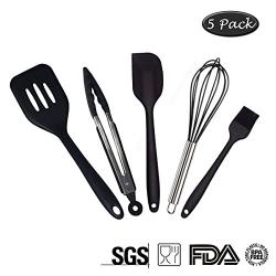 Premium Quality Silicone Kitchen Utensil Set, Heat Resistant, Hygienic, Non Stick, Durable Baking Gift Utensils, 5 pack, Slotted Turner, Tongs, Spatula, Whisk and Basting Brush (Black)