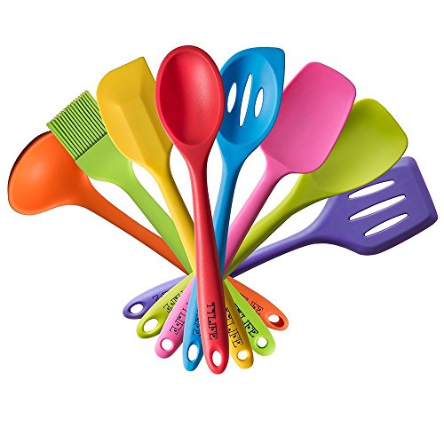 TTLIFE Rainbow Colored Dish Set/Silicone Spatula Utensil Kitchen Colorful 8 Pieces With Turner, Slotted spoon, Ladle, Spoon, Spoon Spatula, Spooula, Spatula, Basting brush for Cooking/Baking/BBQ