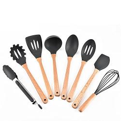 Wooden Handle Silicone Kitchenware 8-Piece Set Eight-Piece Kitchen Tool Set,Black