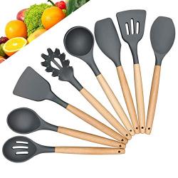 Kitchen Utensil Set - Silicone Cooking Utensils for Nonstick Cookware 8 Piece Kitchen Tool with Wooden Handle - Cooking Spoon - Silicone Spatula Set, BPA Free, Grey