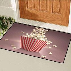 Modern Welcome Door mat Retro Style Popcorn Art Image Home Cafe Design Kitchenware Cardboard Vintage Cinema Door mat is odorless and Durable W29.5 x L39.4 Inch Light Red White