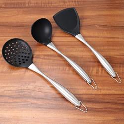 3pcs/Set Stainless Steel Handle Silicone Cooking Utensils Non-stick Cookers Heat-resistant Kitchenware Kit (Turner+Soup Ladle+Colander Spoon)