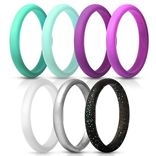 ThunderFit Womens Thin and Stackable Silicone Rings Wedding Bands - 7 Rings / 1 Ring 2.5mm Width - 1.8mm Thick