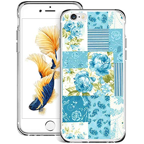 iPhone 6s 6 Case, Soft TPU Slim-Fit Flexible Ultra-Thin Clear Case, Full-Body Rugged Bumper Print Blue Flower Case for iPhone 6s 6, Transparent