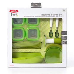 OXO Tot Mealtime Starter Value Set with Roll-up Bib, Feeding Spoons, Food Masher and Four 4oz Baby Blocks Freezer Storage Containers