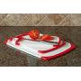 CC Boards 3-Piece Nonslip Cutting Board Set: Red and white plastic kitchen carving boards, each with juice groove and nonskid handle; dishwasher safe