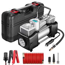 Yome Portable Dual Cylinder Air Compressor Pump, 12V Heavy Duty Portable Air Pump with LED Flashlight and LCD Digital Display Gauge for Car Tires, Balls, Other Inflatables