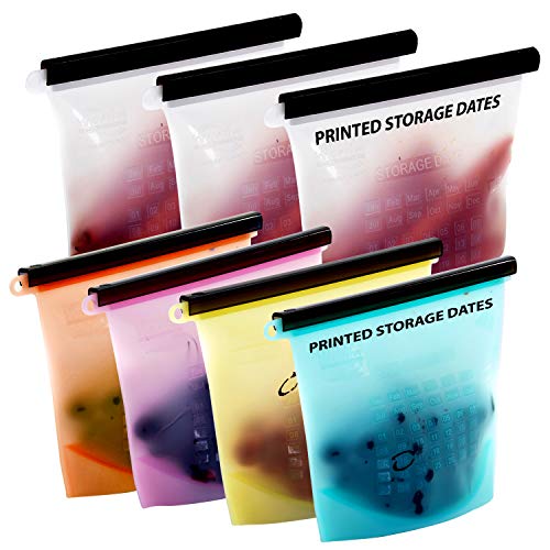 Reusable Silicone Food-Storage Cooking Bags - Airtight Zip Seal Colored Containers Keep Food Hot or Cold - Baby Food Prep or Sous Vide - FDA Grade (2L+ 4M+1 L free bag)