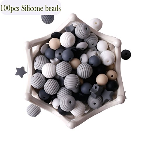 Baby Silicone Teether Beads 100pcs BPA Free Food Grade Teething Beads Black and White Series DIY Jewelry Chewable Nursing Necklace Accessories