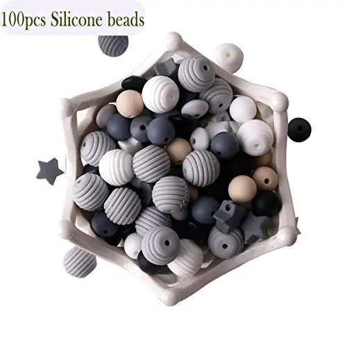 Baby Silicone Teether Beads 100pcs BPA Free Food Grade Teething Beads Black and White Series DIY Jewelry Chewable Nursing Necklace Accessories