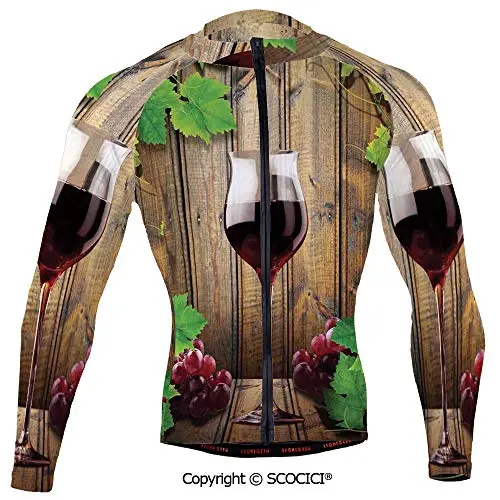 SCOCICI Cycling Jersey Long Sleeves Men,Wine Glass Grapes Rustic Wood Kitchenware Home a
