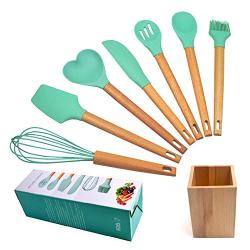 JYHYGS Kitchenware Set, Wooden Handle Silicone Kitchenware, Non-Stick Pan, Heat-Resistant Cooking Shovel Spoon, 8-Piece Set, Green