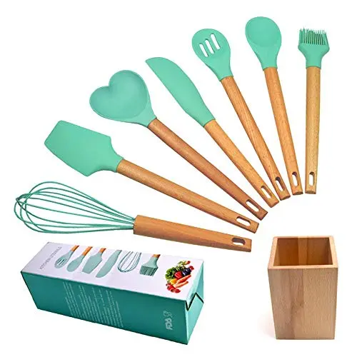 JYHYGS Kitchenware Set, Wooden Handle Silicone Kitchenware, Non-Stick Pan, Heat-Resistant Cooking Shovel Spoon, 8-Piece Set, Green