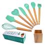 JYHYGS Kitchenware Set, Wooden Handle Silicone Kitchenware, Non-Stick Pan, Heat-Resistant Cooking Shovel Spoon, 8-Piece Set, Green